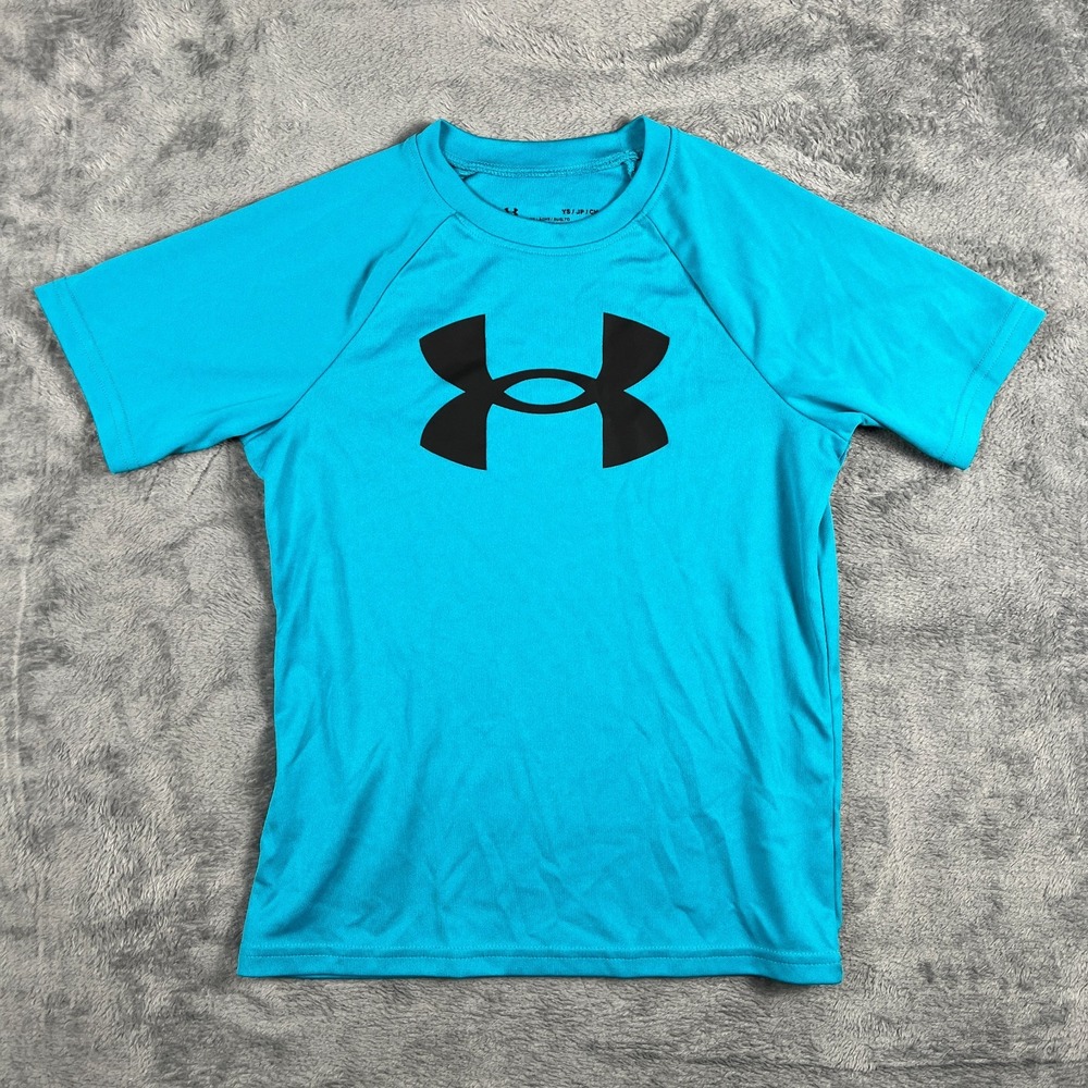 Under Armour Tech Shirt Youth Small Bright Blue Big Logo Loose Fit Performance